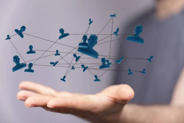 A 3D render of connected People icons near a hand