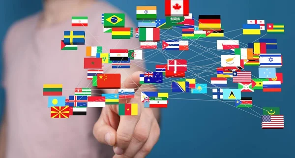 A 3D render of connected world flags near a hand