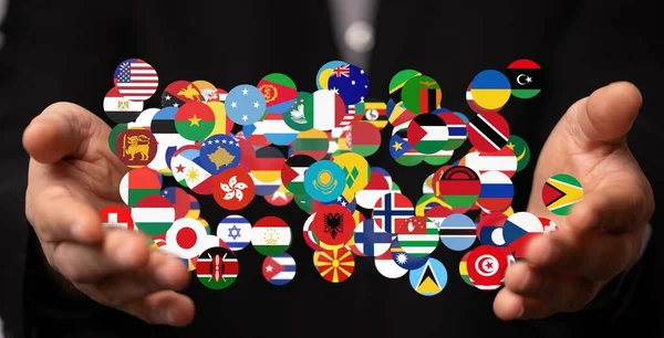 A 3D render of connected world flags near the hands