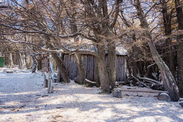 Petit Bâtiment Bois Milieu Des Arbres Jour Hiver — Photo