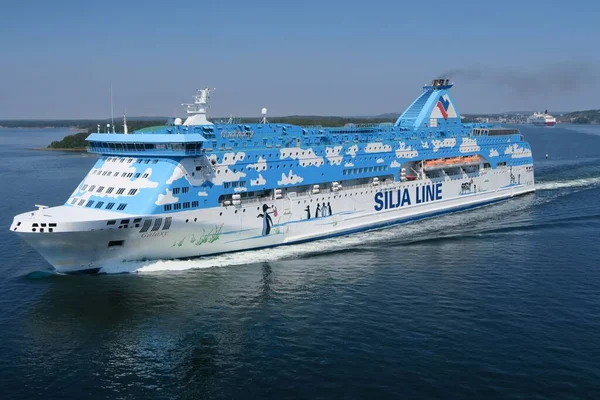 Blue Tallink Silja Cruise Ship Galaxy Sea Leaving Mariehamn Sunny — Stock Photo, Image