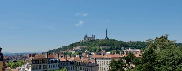 Panoramic Photo Fourviere Hill Basilica Our Lady Fourviere Standing Out — Stock Photo, Image