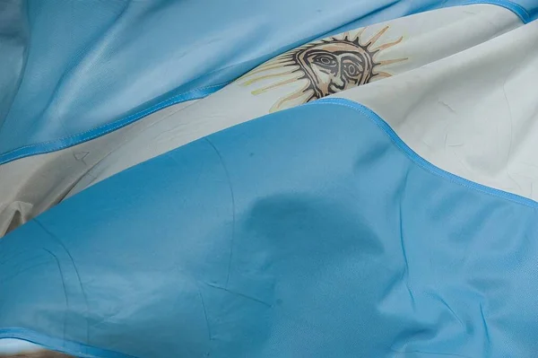 Tiro Close Bandeira Argentina Acenando Vento — Fotografia de Stock