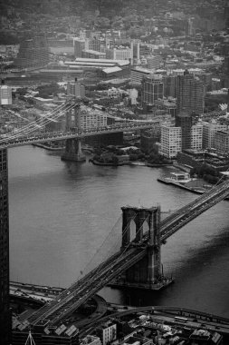 Manhattan, New York 'un dikey gri ölçekli hava görüntüsü