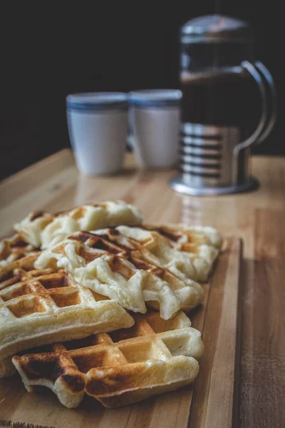 Fresh Tasty Hot Just Baked Waffles Wooden Cutting Board Table — Stock Photo, Image