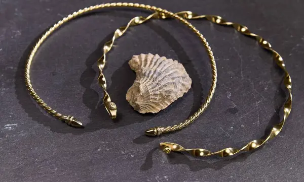 Beautiful Roman Era Golden Bracelets Patterns Black Surface Shadow Seashell — Stock Photo, Image