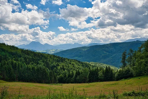 Uno Splendido Paesaggio Con Verdi Colline Boschive Sotto Cielo Nuvoloso — Foto Stock
