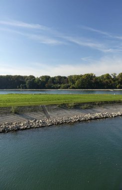 Yeşil çimenler ve ormanlarla çevrili güzel bir göl manzarası.