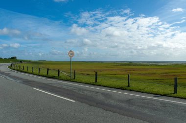 Almanya 'nın Pellworm şehrindeki yemyeşil tarlaların etrafını saran asfalt bir otoyol mavi bulutlu gökyüzü arka planında