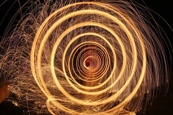 Steel Wool Spiral Tunnel Sparkling Night — Stock Photo, Image