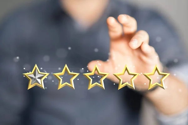 A man touching a five star review sign