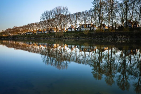 Uno Stagno Con Riflessi Case Alberi — Foto Stock