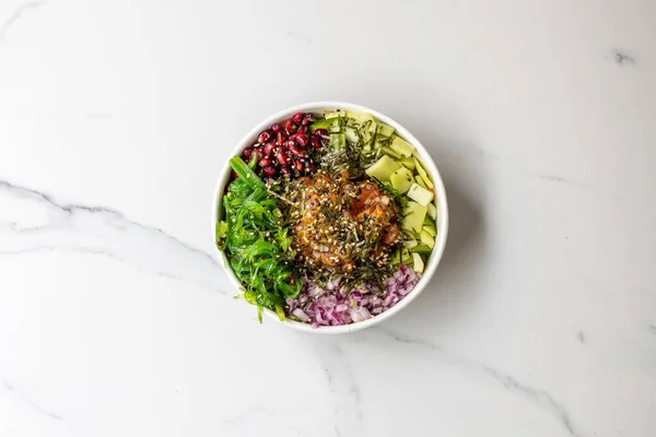 Top View Bowl Poke Healthy Salad Veggies — Stock Photo, Image