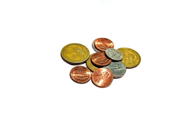 Closeup Pile Different American Shiny Coins Isolated White Background — Stock Photo, Image