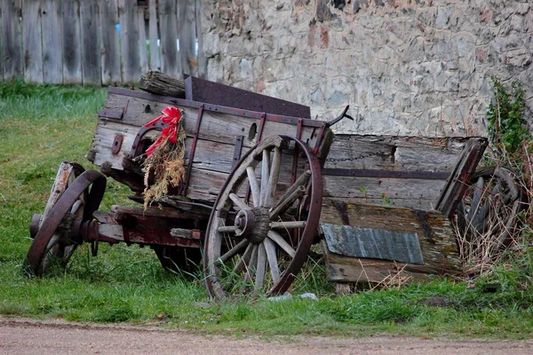 Old Abandoned Cart Green Grass Wall Montana Usa — Stock Photo, Image