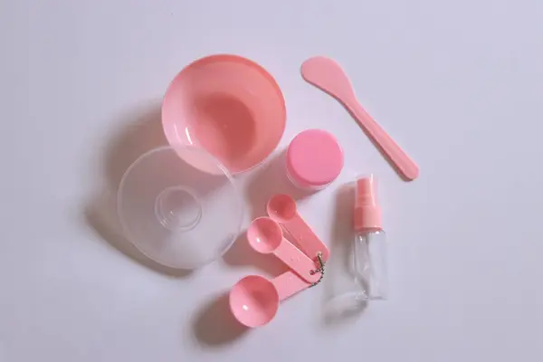 Top Shot Pink Skincare Facial Mask Tools White Background — Stock Photo, Image