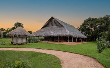 Kırsal kesimde çatıları olan bir kır evi.