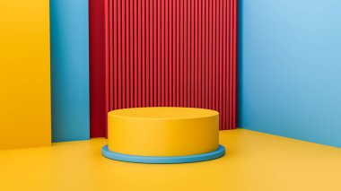 Çağdaş renkli silindir podyumların dairesel, hareketli, boş oda arkaplanlı 3D canlandırması