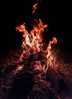 Gece boyunca alevler ve dumanla kamp ateşinin dikey yakın çekimi.