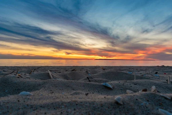 Gros Plan Rivage Sablonneux Coucher Soleil — Photo