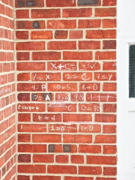 A vertical shot of a red brick wall