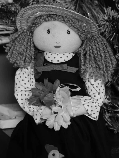 Vertical Grayscale Handmade Doll Polka Dot Dress Hat — Stock Photo, Image