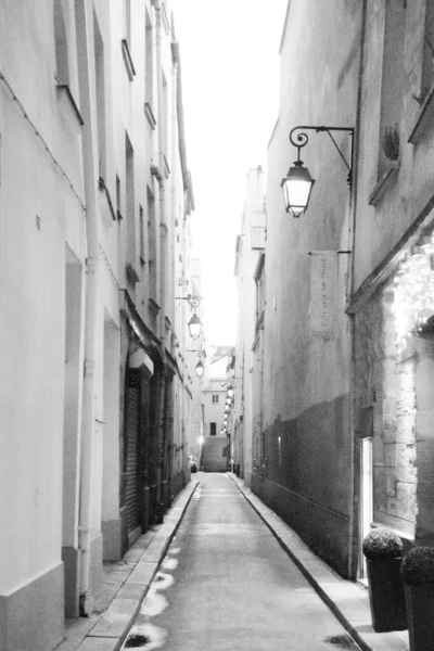 在建筑物之间的一条狭窄街道上的垂直灰度照片 — 图库照片