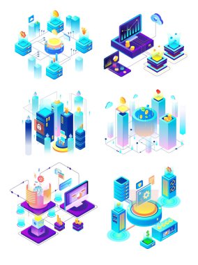 Beyaz arkaplanda izole edilmiş renkli veri engelleyici elementler kümesi