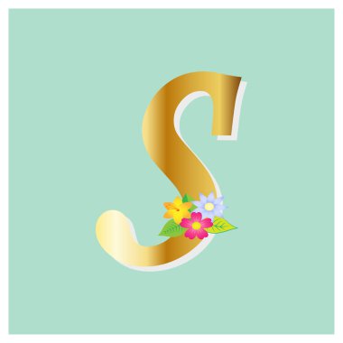 Çiçekli ve altın yaldızlı alfabe. Logo, düğün kartları vs. için çok amaçlı botanik dekorasyonu.