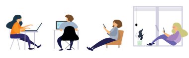 Dizüstü bilgisayarın önünde çalışan iki kız ve beyaz bir arka planda telefonla çalışan iki kız.