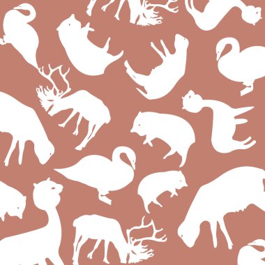 Mor bir arka plan, beyaz çizgi film hayvanları desenli. Vahşi yaşam güdüleri.