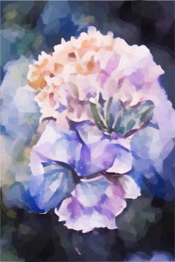 Mavi bahçeli suluboya bir ortancaya dikey bir resim.