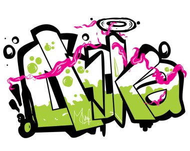 Beyaz arkaplanda pembe bir duman bulunan yeşil ve beyaz bir graffiti tarzı metin.