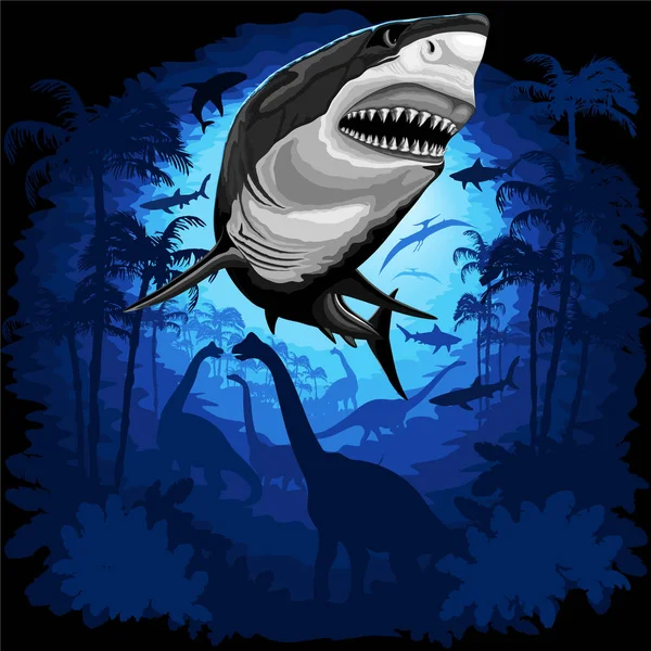 Great White Shark Coming Out Surreal Prehistorical Underwater Seascape Dinosaurs — Stock Vector