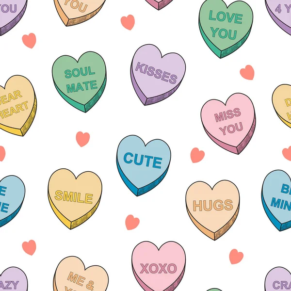 Saint Valentin Coeurs Bonbons Modèle Sans Couture Dictons Romantiques Coeurs — Image vectorielle