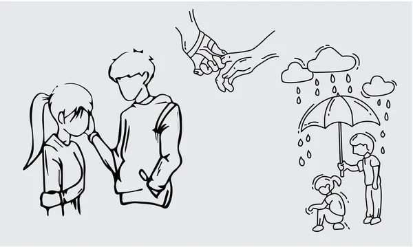 線画は恋人のカップル カップルが傘を持って雨が降るとペン およびカップルの手を握っている 小説の表紙に適しています — ストックベクタ
