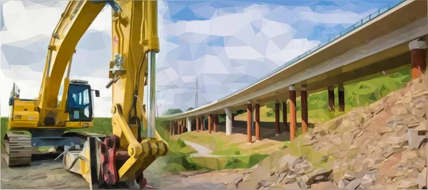 Ilustración Vector Poli Bajo Una Excavadora Amarilla Junto Puente Una — Archivo Imágenes Vectoriales