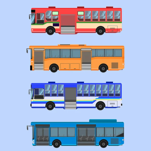 Conjunto Ônibus Coloridos Isolados Fundo Azul Pastel — Vetor de Stock