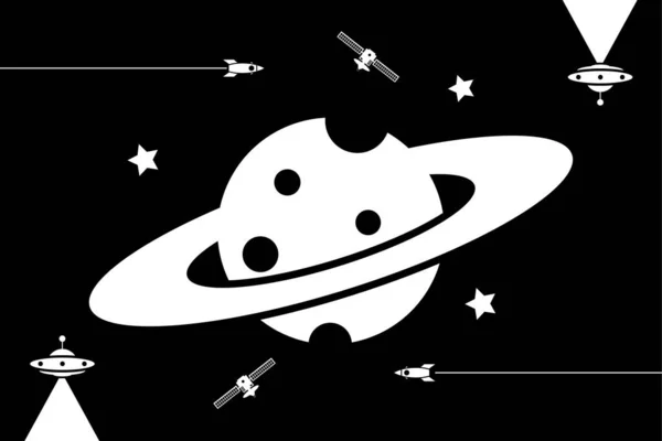 Een Witte Planeet Met Ringen Omringd Door Sterren Satellieten Raketten — Stockvector