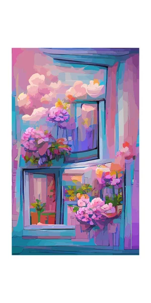 Une Œuvre Verticale Fenêtres Maison Avec Des Fleurs Parfait Pour — Image vectorielle