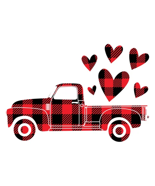 Buffalo Plaid Valentine Camion Portant Des Coeurs — Image vectorielle