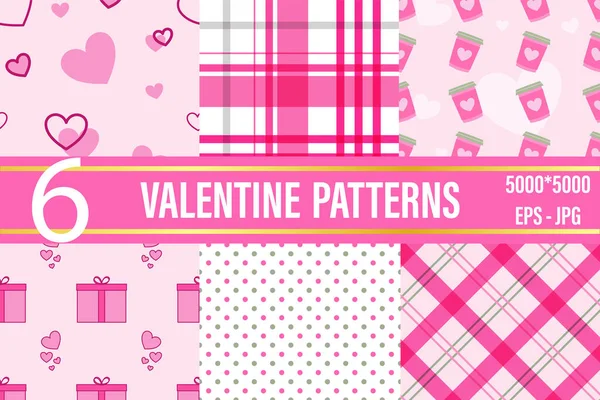 Pink Valentine Nahtlose Musterkollektion Mit Herzen Streifen Und Karo — Stockvektor