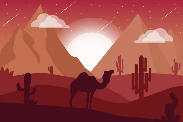 Верблюд Стоящий Пустыне Полной Кактусов Песчаными Горами Пирамидами Заднем Плане — стоковый вектор