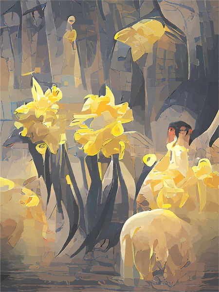 Cyfrowe Malowanie Żółtych Kwiatów — Wektor stockowy