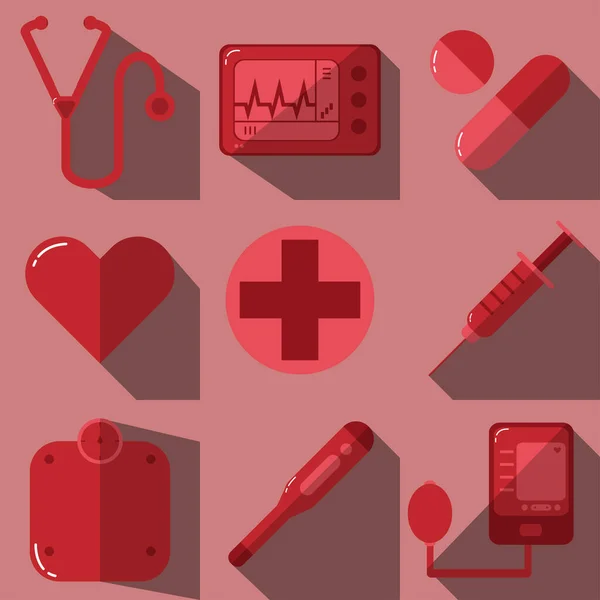Pembe Arka Planda Gölgeli Kırmızı Pembe Tıbbi Ikonlar — Stok Vektör