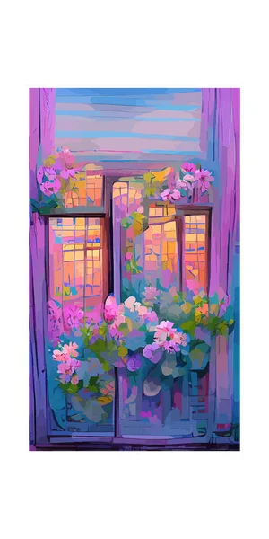 Une Œuvre Verticale Fenêtres Maison Avec Des Fleurs Parfait Pour — Image vectorielle