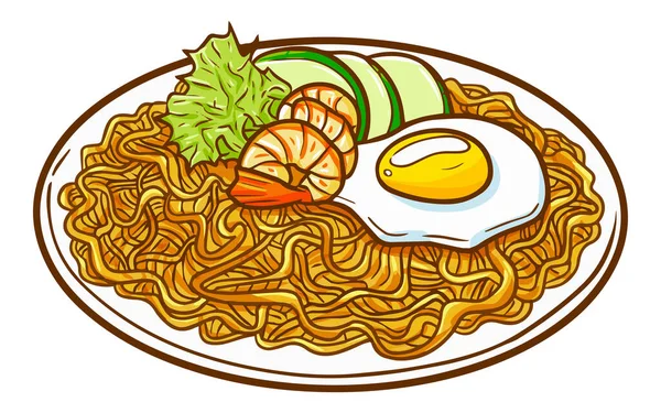 Egy Egyszerű Clip Art Mie Goreng Egy Tányéron Hagyományos Indonéz — Stock Vector