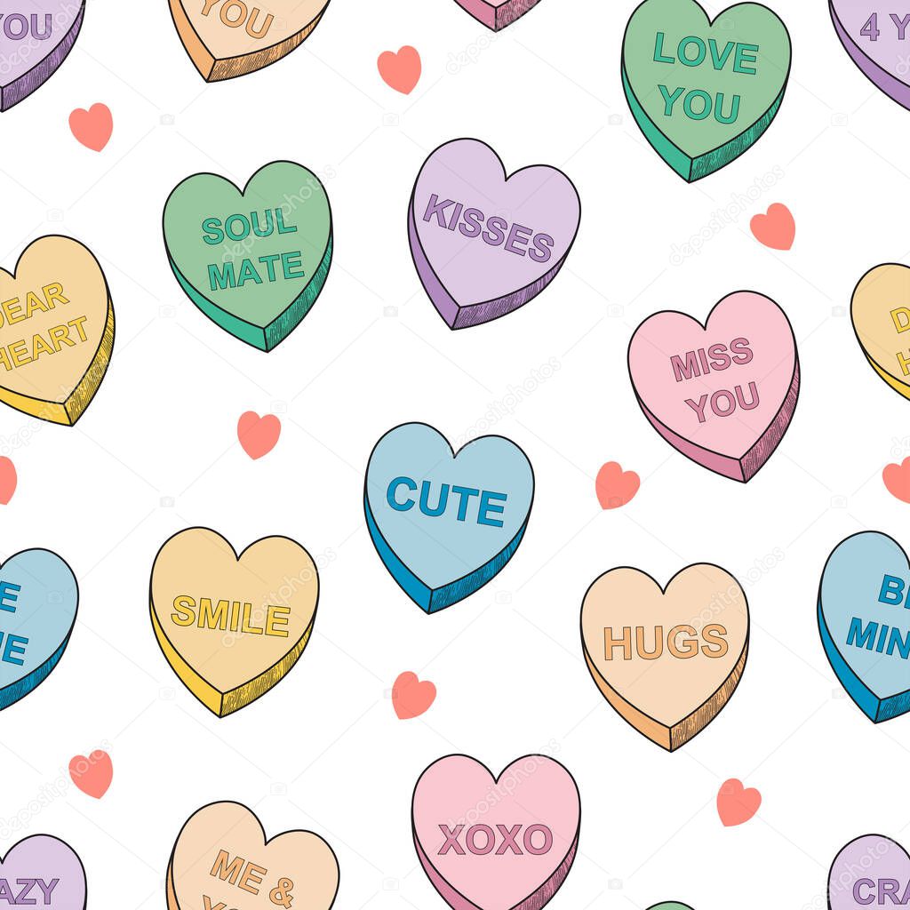 Valentine's day Candy Hearts Seamless pattern, Romantic sayings, Colorful Candy Hearts