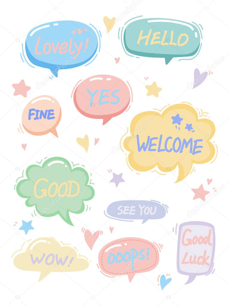 A set of positive words and phrases in colorful thought bubbles