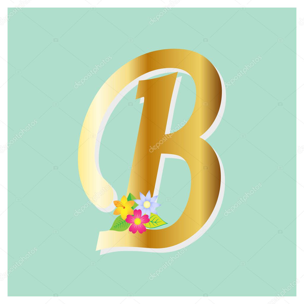Floral alphabet with flowers and gold glitter composition. botanic decoration multi-purpose for logo, wedding cards, etc.